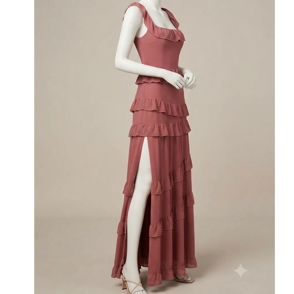 Lulus Cascading Ruffles Mauve Pink Tiered Maxi Dress Size M Square Neck Slit